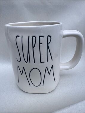 Rae Dunn White "SUPER MOM" Ceramic Mug with Black Lettering